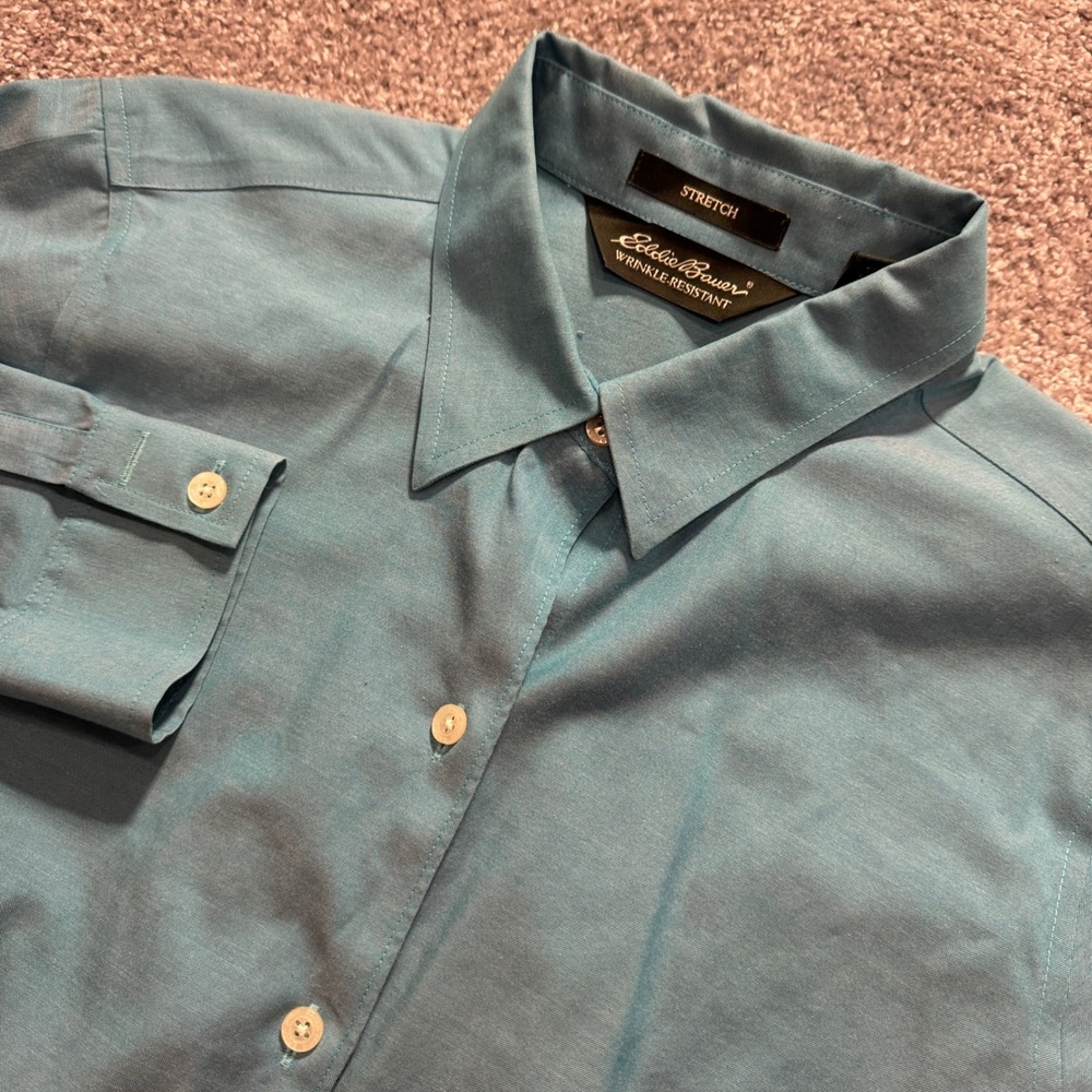 Vintage Eddie Bauer Shirt Women M Blue Cotton Stretch Wrinkle Resistant Workwear